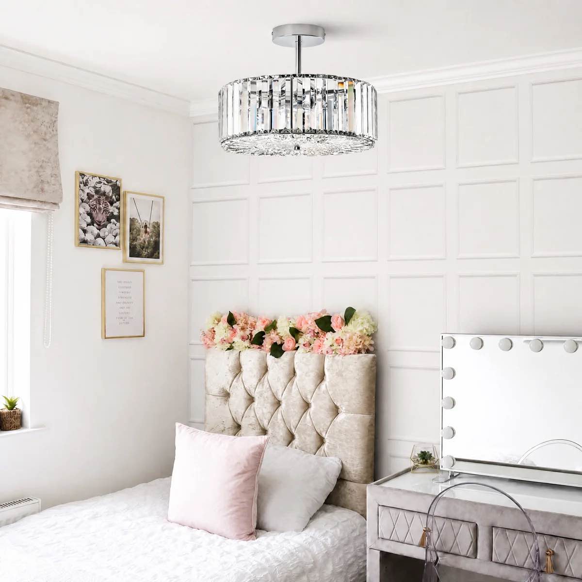 Condition photo showing New/Like New for 15 in. 4-light drum gloss chrome crystal semi flush mount ceiling light with clear glass shade for living room