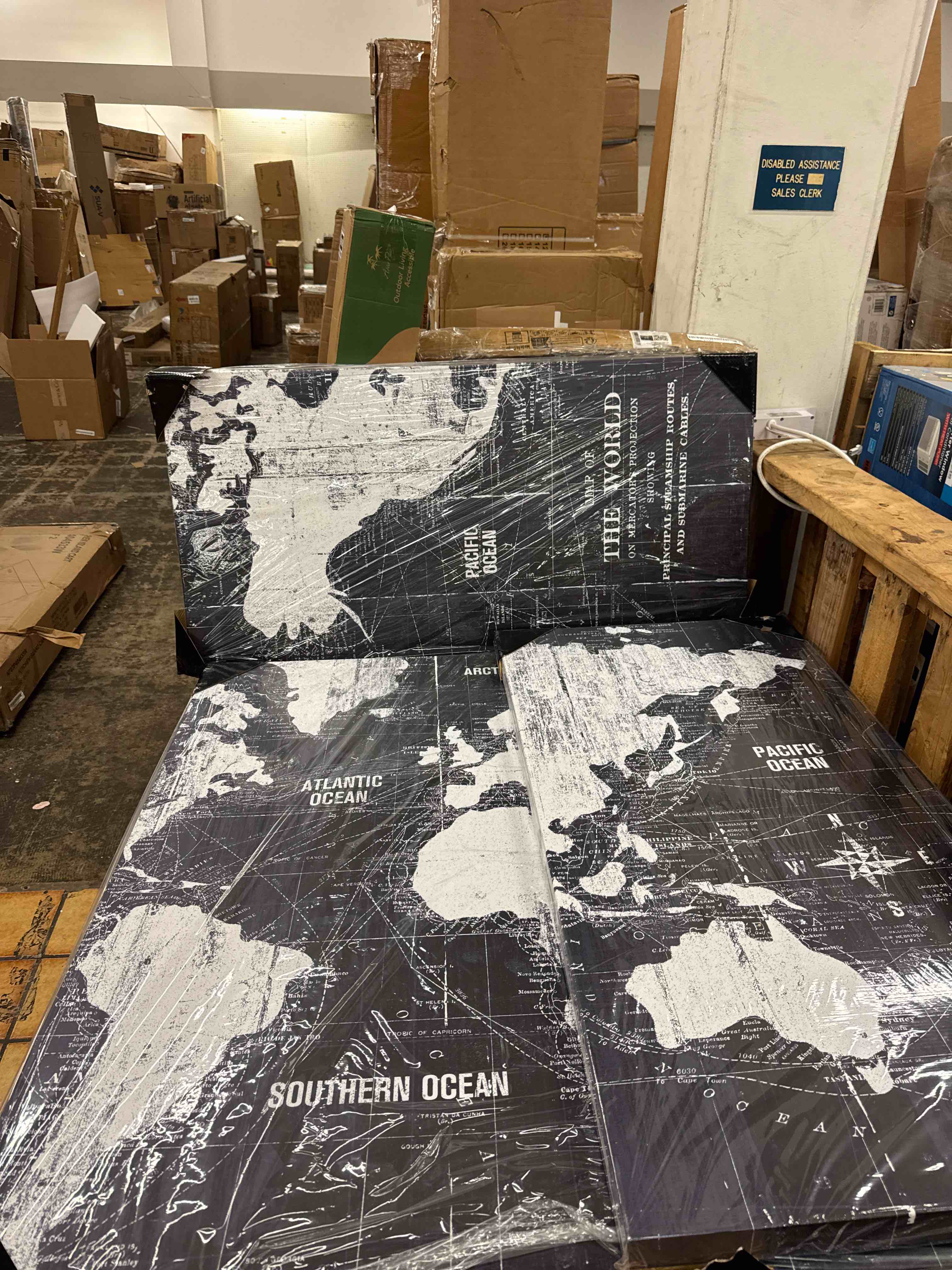 Condition photo showing New/Like New for renditions old world map canvas wall art, white and grey, antique travel map of the world, vintage, premium gallery wrapped, ready to hang, large multi piece, overall size: 40"x80", made in usa