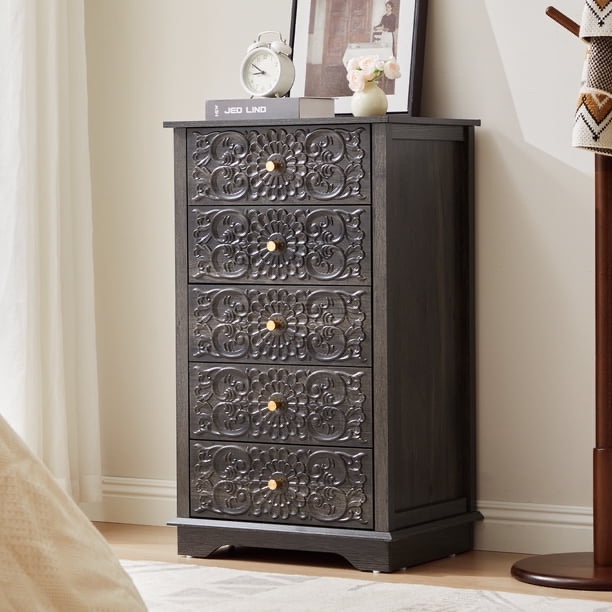 5-drawer farmhouse dresser with floral embossing, dark gray tall chest of drawers, anti-tipping design, vintage storage organizer for bedroom hallway living room