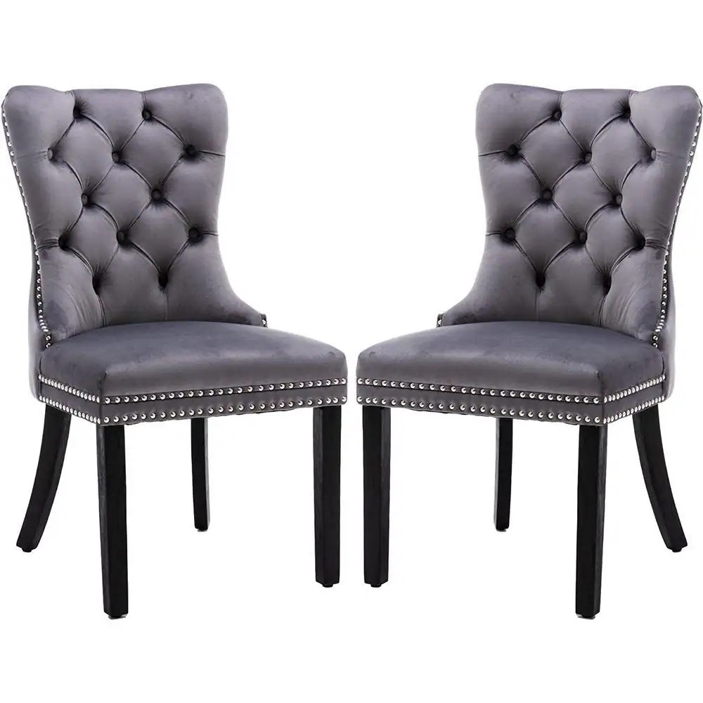 Condition photo showing New/Like New for dining chair set of 2 - belgravia luxury grey velvet knockerback and silver chrome kitchen dining chairs 2x grey chairs silver leg
