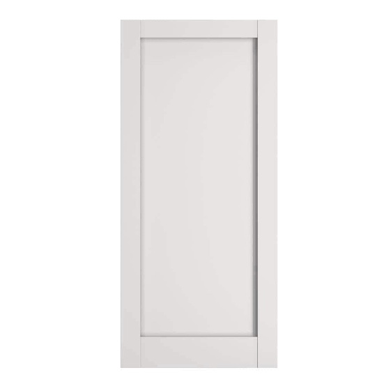 Condition photo showing New/Like New for 18 in x 80 in white shaker 1-panel solid core primed mdf interior door slab
