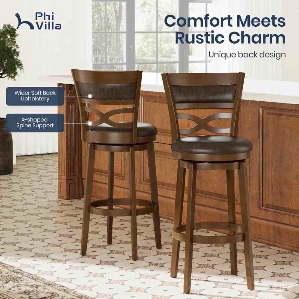 Condition photo showing New/Like New for harrison rustic wood bar stool with unique x-shaped upholstered back for kitchen
