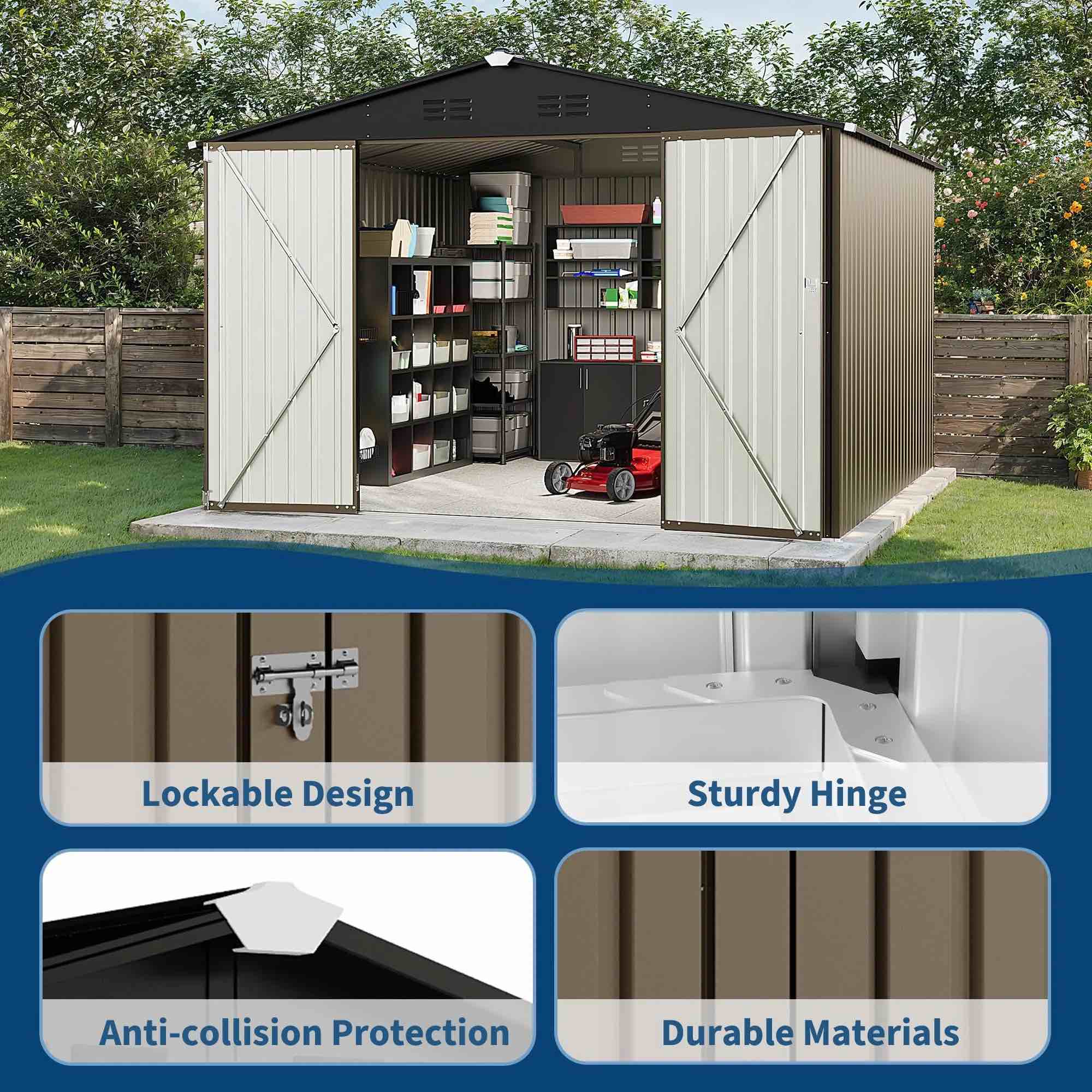 Condition photo showing New/Like New for outdoor storage shed, 10 x 10 ft galvanized steel, 540 cu ft capacity, lockable door and peak roof, brown, for backyard
