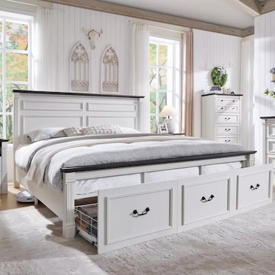 Condition photo showing New/Like New for king size bed frame with headboard farmhouse wood and 3 drawers no box spring needed white