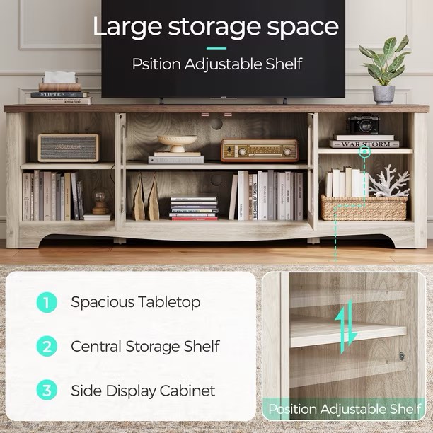 Condition photo showing Good Condition for modern farmhouse tv stand for tvs up to 75", home entertainment center with storage cabinet and adjustable shelves, washed grey & brown