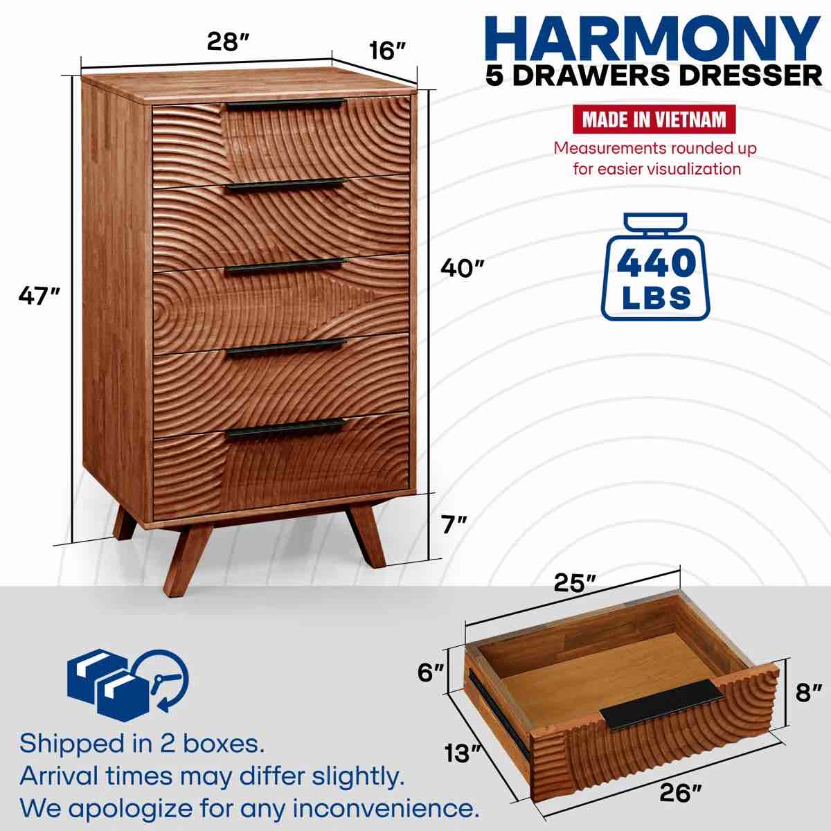 Condition photo showing New/Like New for harmony 5-drawer tall dresser – solid wood bedroom dresser with zen-inspired cnc circle design – vertical chest, mid-century modern wood dresser