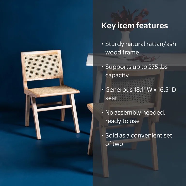 Condition photo showing New/Like New for couture hattie contemporary rattan solid dining chair, beige (set of 2)