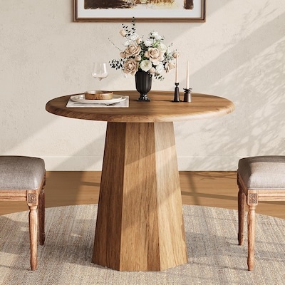 Condition photo showing Good Condition for 39" farmhouse wooden dining table, small round dinner table for 4, rustic round dining room & kitchen table for home office dining room living room apartment natural