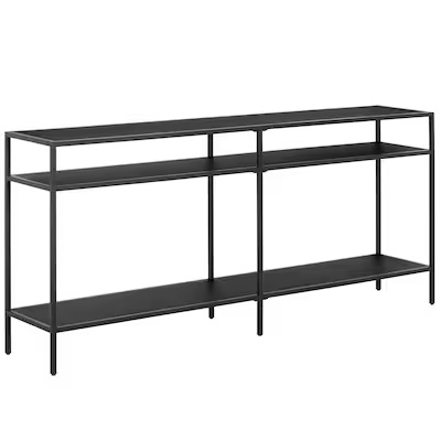 Condition photo showing New/Like New for modern rectangular metal blackened bronze 64-in w x 29-in h console table