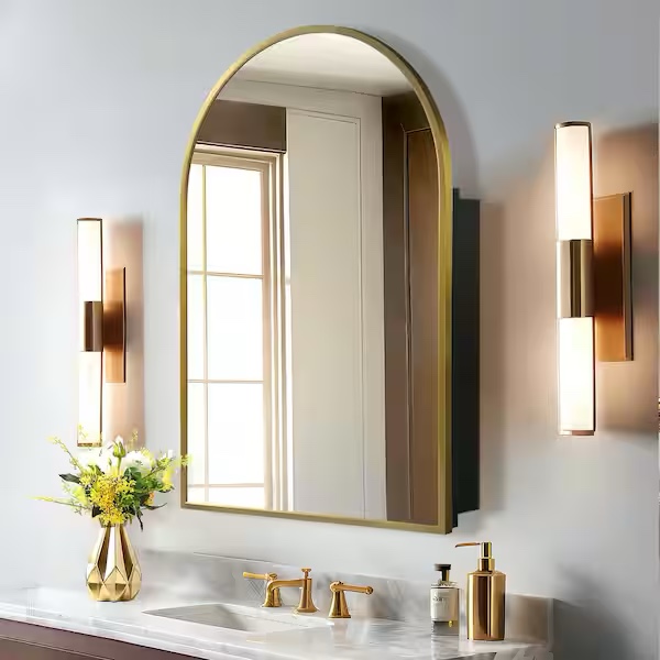 Condition photo showing New/Like New for dovelina arched gold recessed/surface mount medicine cabinet with mirror