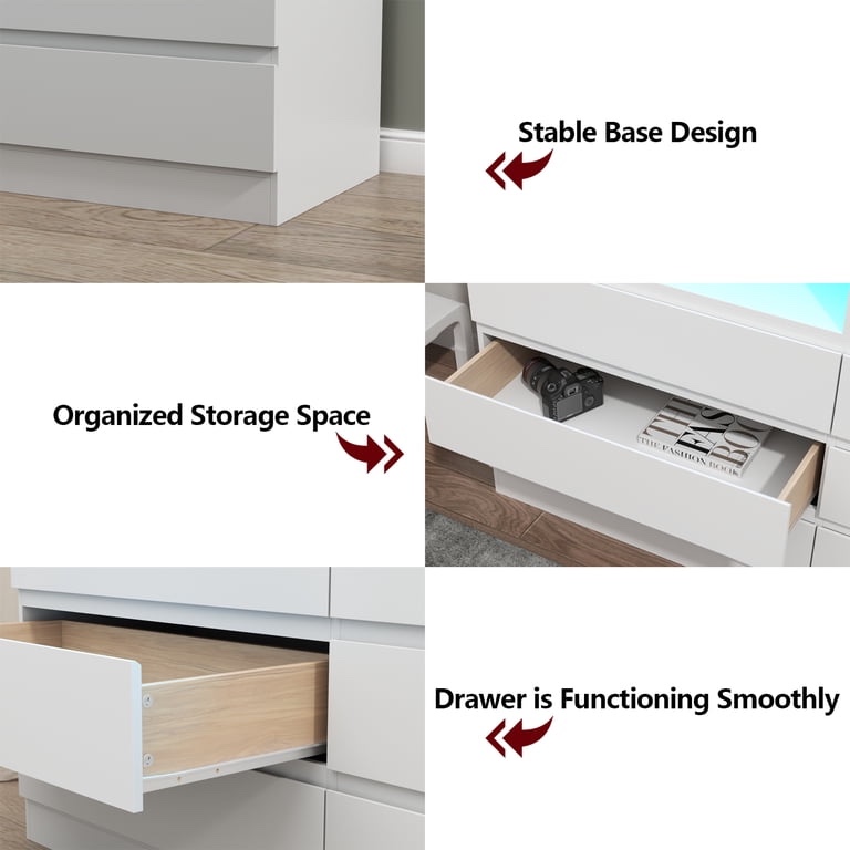 Condition photo showing New/Like New for 6 drawer double dresser with power outlet and led light, accent chests of drawers for bedroom, living room-white