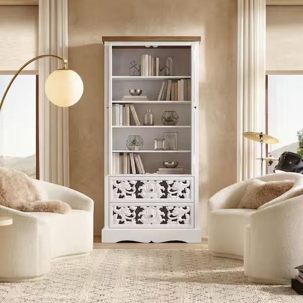 Condition photo showing New/Like New for white finish 66.1 in. accent storage cabinet with 5 shelves, decorative carved doors, 2 drawers, anti-tip kit