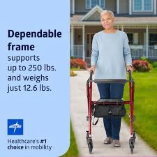 Condition photo showing New/Like New for Medline Superlight Folding Aluminum Mobility Rollator Walker Red 250 lb. Weight Capacity 6 Wheels Adjustable