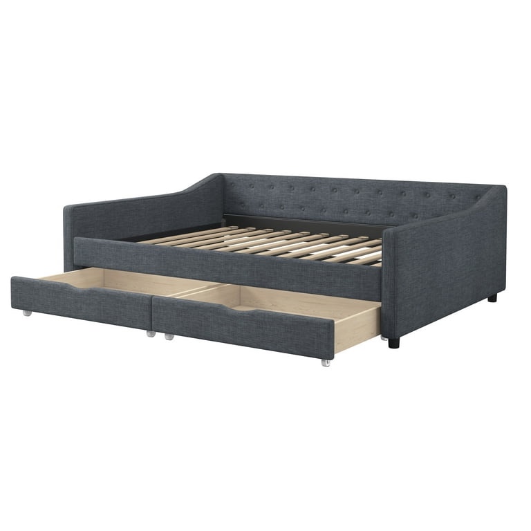 Condition photo showing New/Like New for Newest Full Size Daybed with Drawers Upholstered Tufted Sofa Bed, with Button on Back , Piping on Waved Shape Arms-Dark Grey