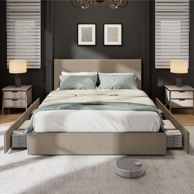 Condition photo showing New/Like New for Garvee King Brown Bed Frame with Tufted Wingback Headboard Platform Corduroy