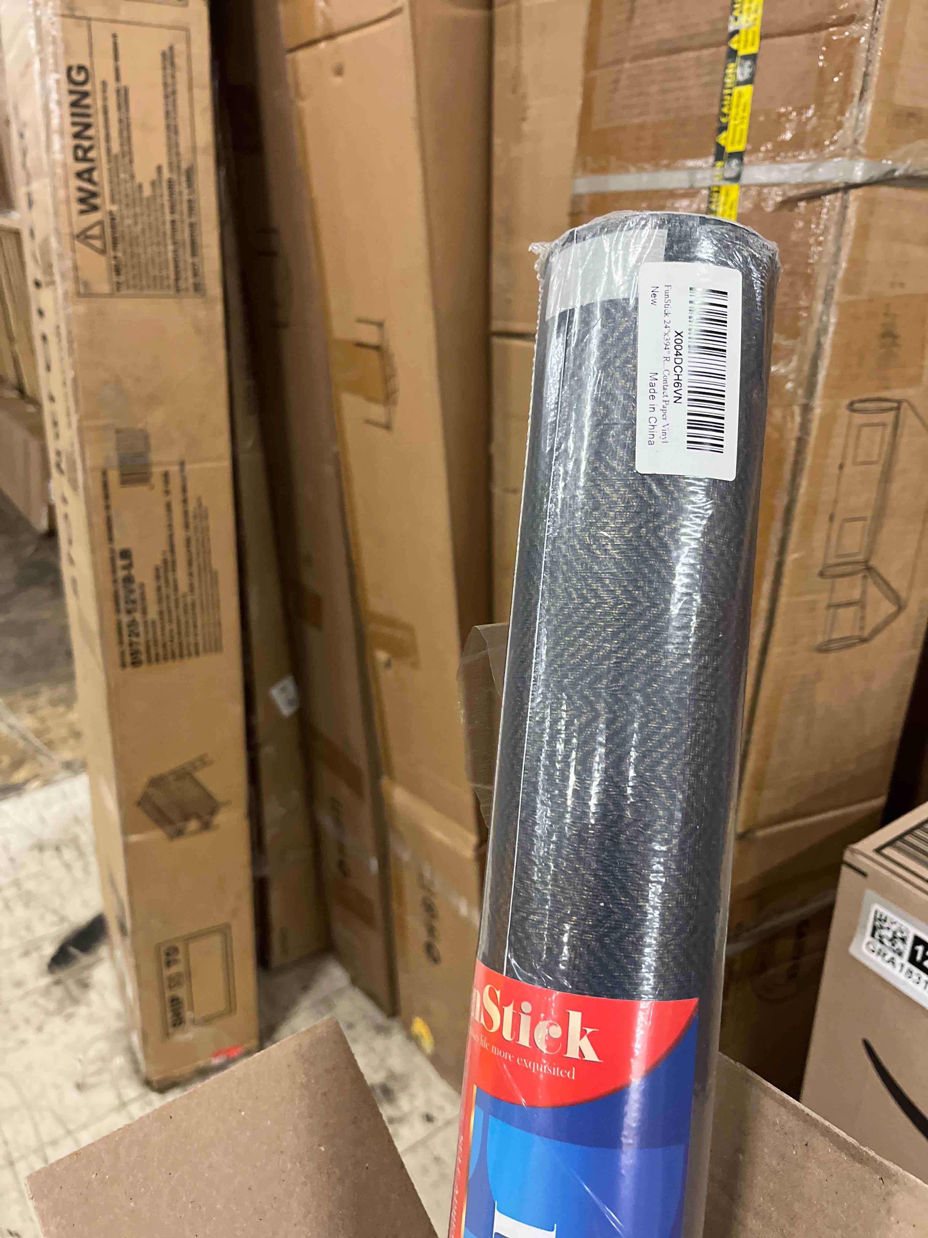 Condition photo showing New/Like New for FunStick 24"x394" Removable Gold Dark Blue Textured Wallpaper Peel and Stick Modern Geometric Grasscloth Wallpaper for Bathroom RV Wall Covering Texture Navy Blue Kitchen Cabinet Contact Paper Vinyl