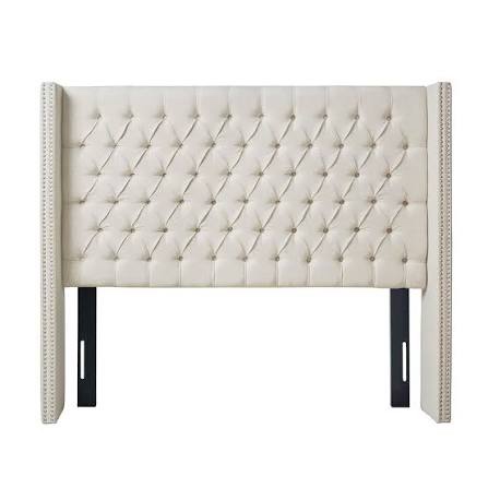 Condition photo showing New/Like New for Madison Park Amelia Upholstered Headboard Nail Head Trim Wingback Button Tufted King, Cream