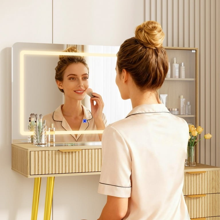 T4TREAM Fluted Makeup Vanity Desk with 36" HD Lighted Mirror, 48" Big Modern Vanity Desk with Mirror and Lights, Dressing Table with 5 Drawers & Shelves, Glass Top for Bedroom (Natural Oak)