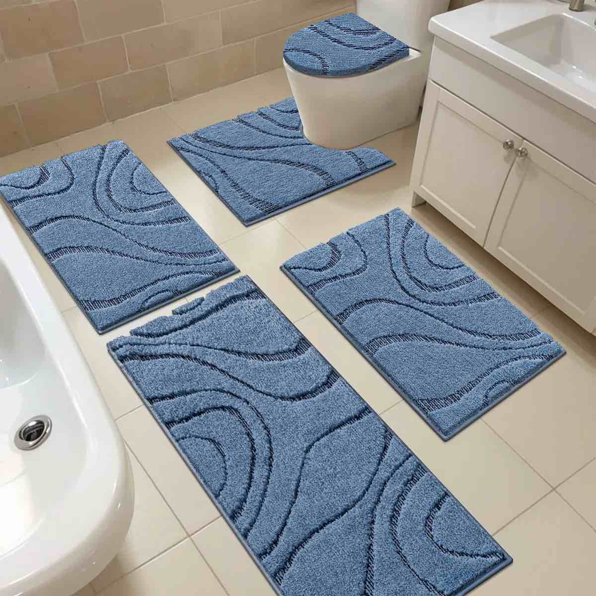 5 Piece Soft Absorbent Microfiber Bath Rug Set with Non-Slip Backing 