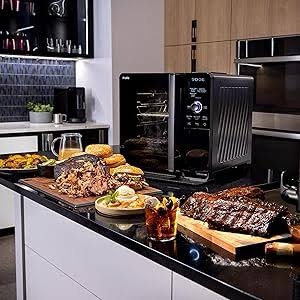 ge profile smart indoor pellet smoker, with active smoke filtration, 5 smoke control settings, wifi connected, electric, countertop bbq appliance, black