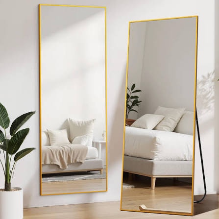 aluminum frame large mirror, 59"x16" full length mirror with stand, free standing leaning mirror hanging mounted mirror for bathroom living room, gold