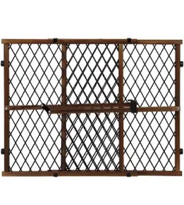 evenflo position & lock adjustable wood baby gate  pressure-mounted  locking latch  for use with infants  toddlers & pets  26 -42   farmhouse brown