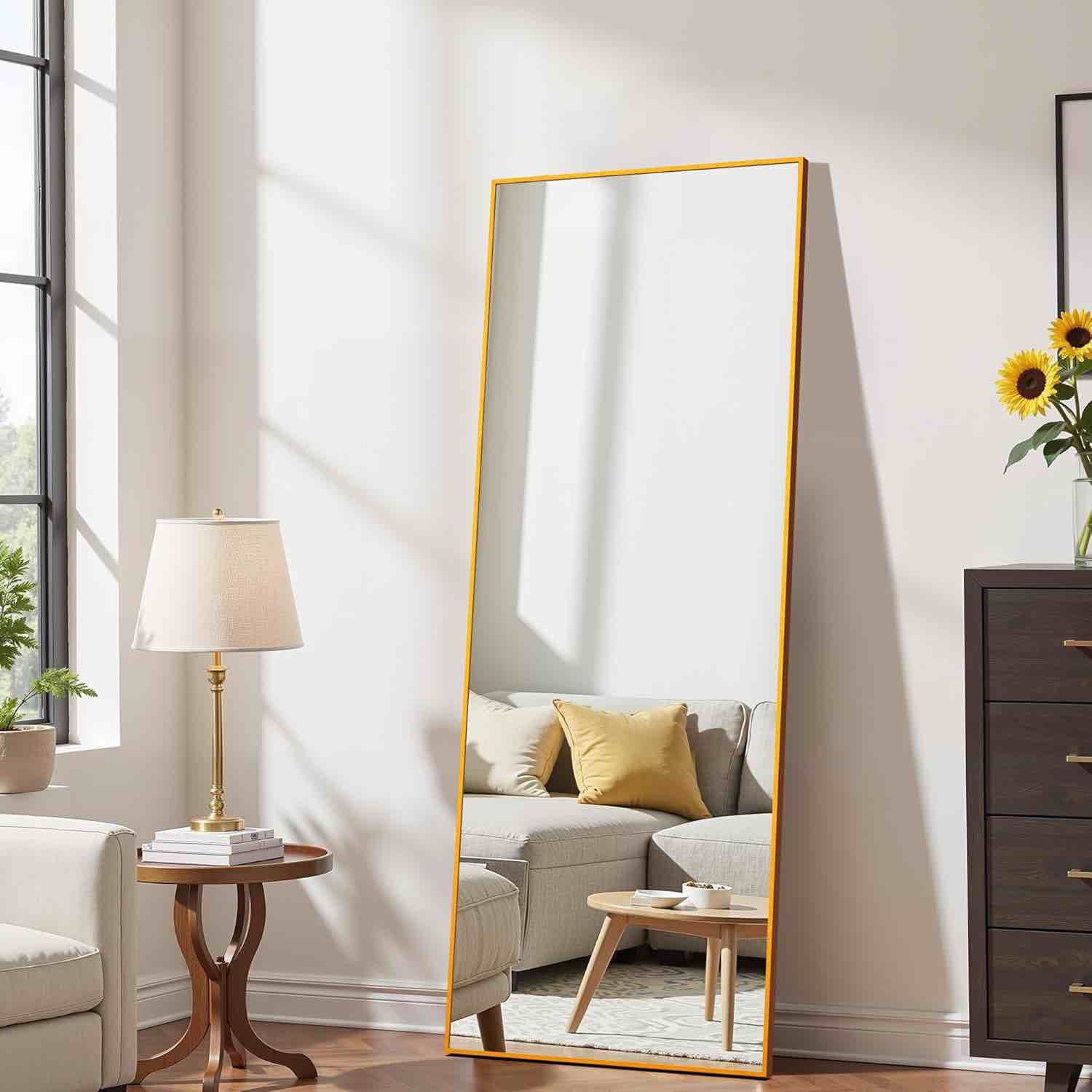 aluminum frame large mirror, 59"x16" full length mirror with stand, free standing leaning mirror hanging mounted mirror for bathroom living room, gold