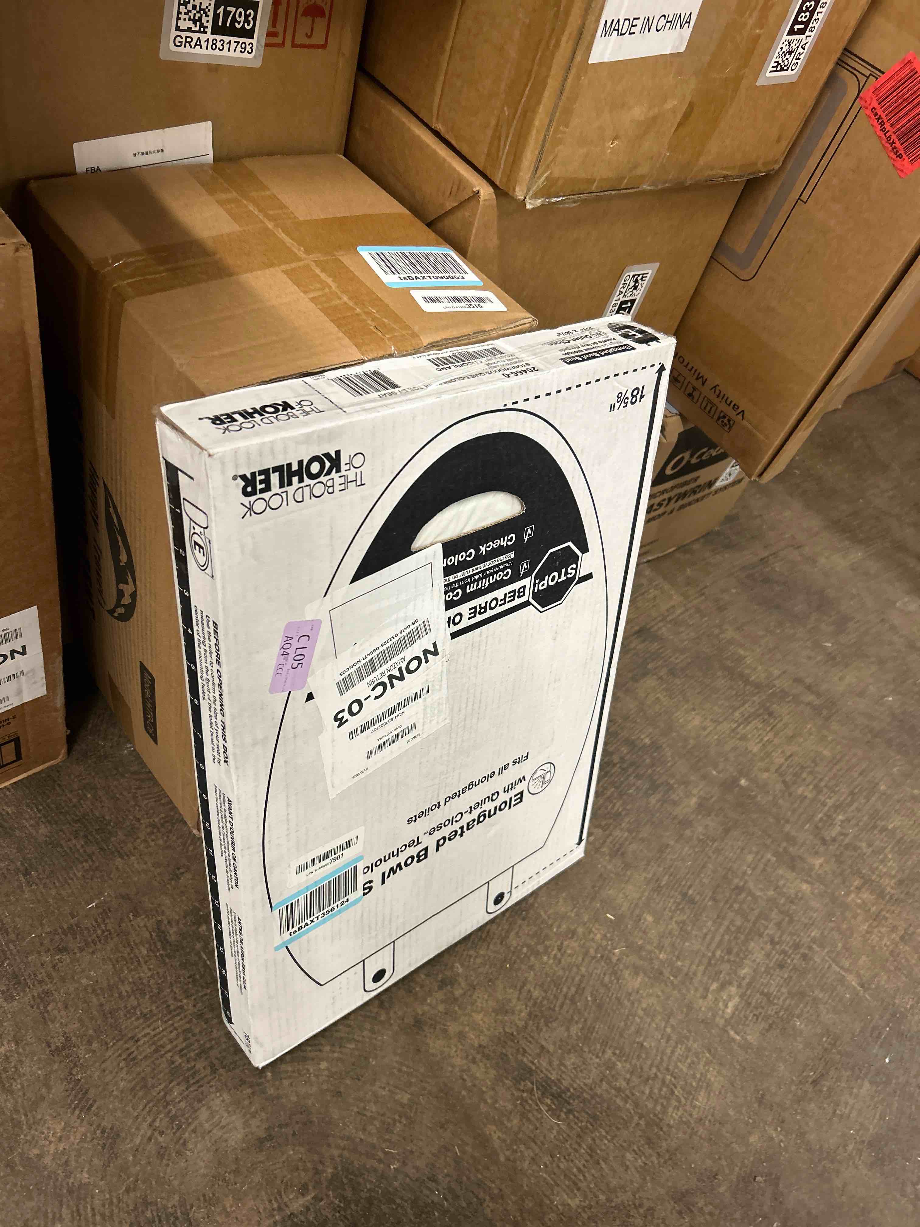 Condition photo showing New/Like New for kohler stonewood quiet-close elongated toilet seat, slow close design, durable wood, easy installation, universal fit, white finish, k-20466-0