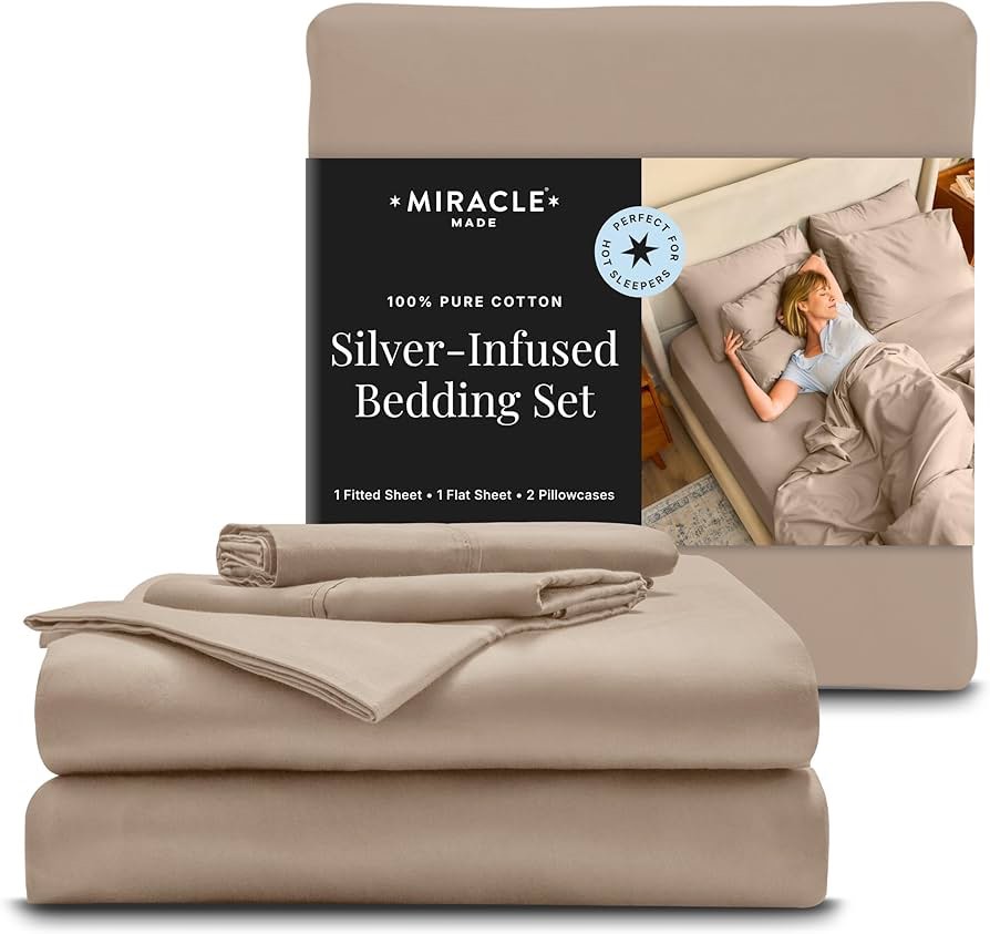 miracle made breathable cotton bed sheets, 4-piece set – silver-treated, soft and cool-to-the-touch lightweight bedding designed for hot sleepers – queen size, sand