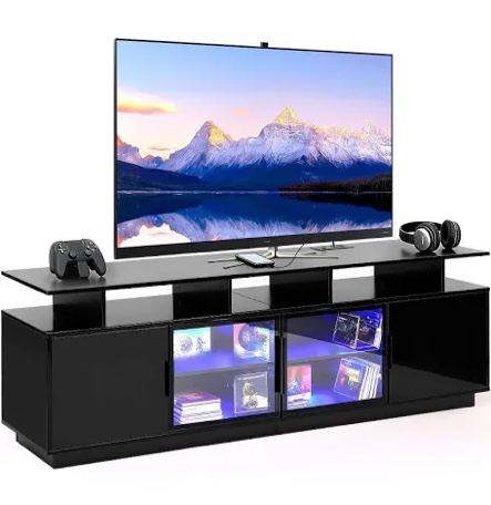ansefe 70 Inch Black TV Stand for Living Room, LED Entertainment Center for Gaming, Modern TV Cabinet Console, Transparent Glass Door Storage Cabinet
