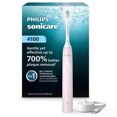 Condition photo showing New/Like New for philips sonicare 4100 rechargeable electric toothbrush, with pressure sensor, 2 intensity settings, smartimer and quadpacer, 14-day battery life, deep pink, model hx3681/26
