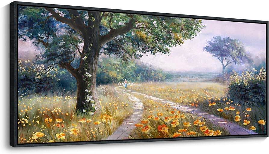 chatyoung large landscape wall art, rustic wildflowers way home yellow green pictures farmhouse canvas painting framed artwork for bedroom living room kitchen home office wall decor 71"x32"