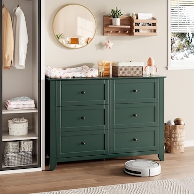 Garvee Green 6 Drawer Dresser for Bedroom Large Dresser with Deep Drawers Metal Knobs Modern Wooden Chests of Drawers for Entryway Hallway