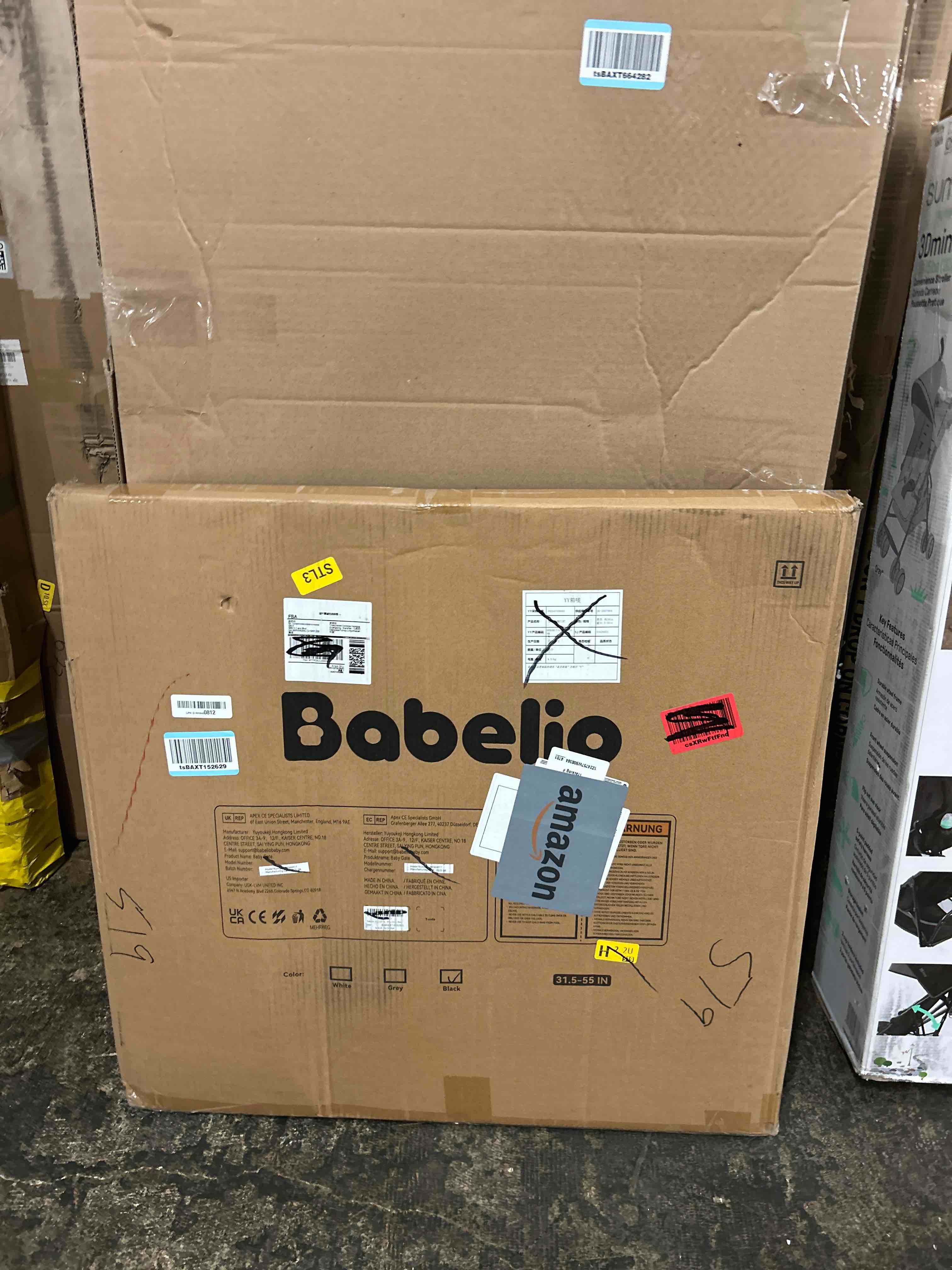 Condition photo showing New/Like New for babelio 31.5-55" no bottom bar baby gate extra wide, 2-in-1 auto close dog gate for the house, stairs and doorways, with large walk thru door, black