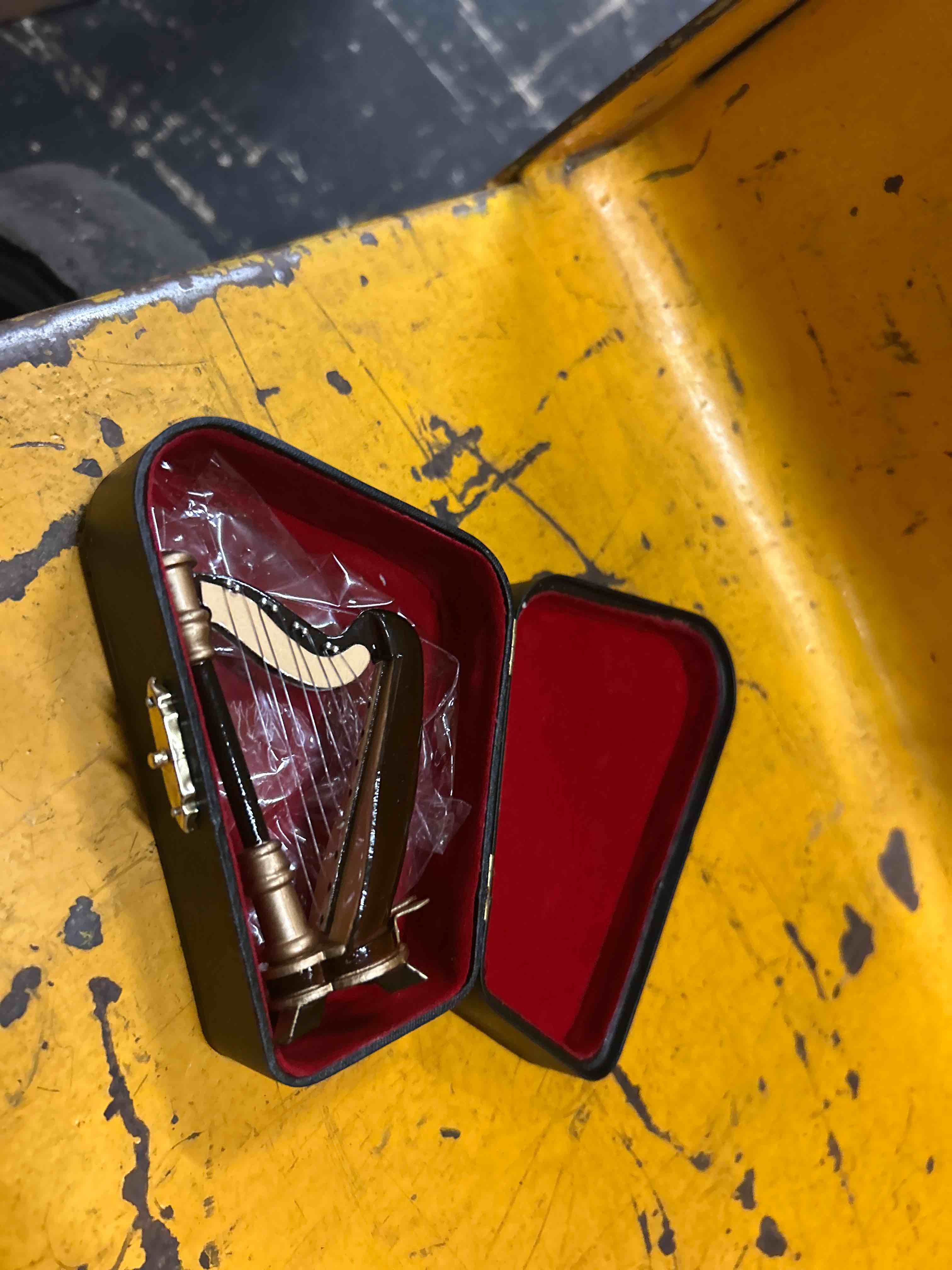 Condition photo showing New/Like New for broadway gift harp miniature replica rich wood & gold tone 6 x 8 resin stone tabletop figurine
