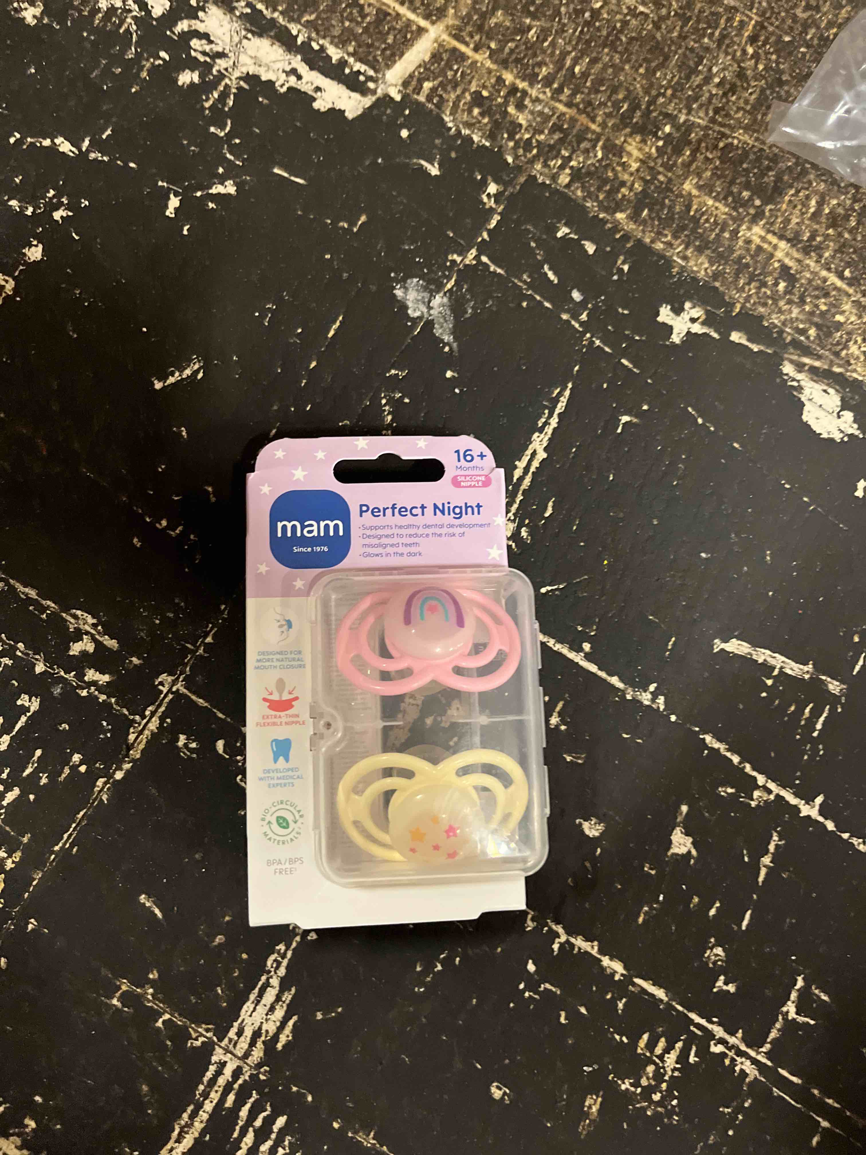 Condition photo showing New/Like New for mam perfect baby pacifier 16+ months, extra thin nipple, developed with orthodontists, clinically proven, glows in the dark, bpa-free silicone, pack of 2, made in europe