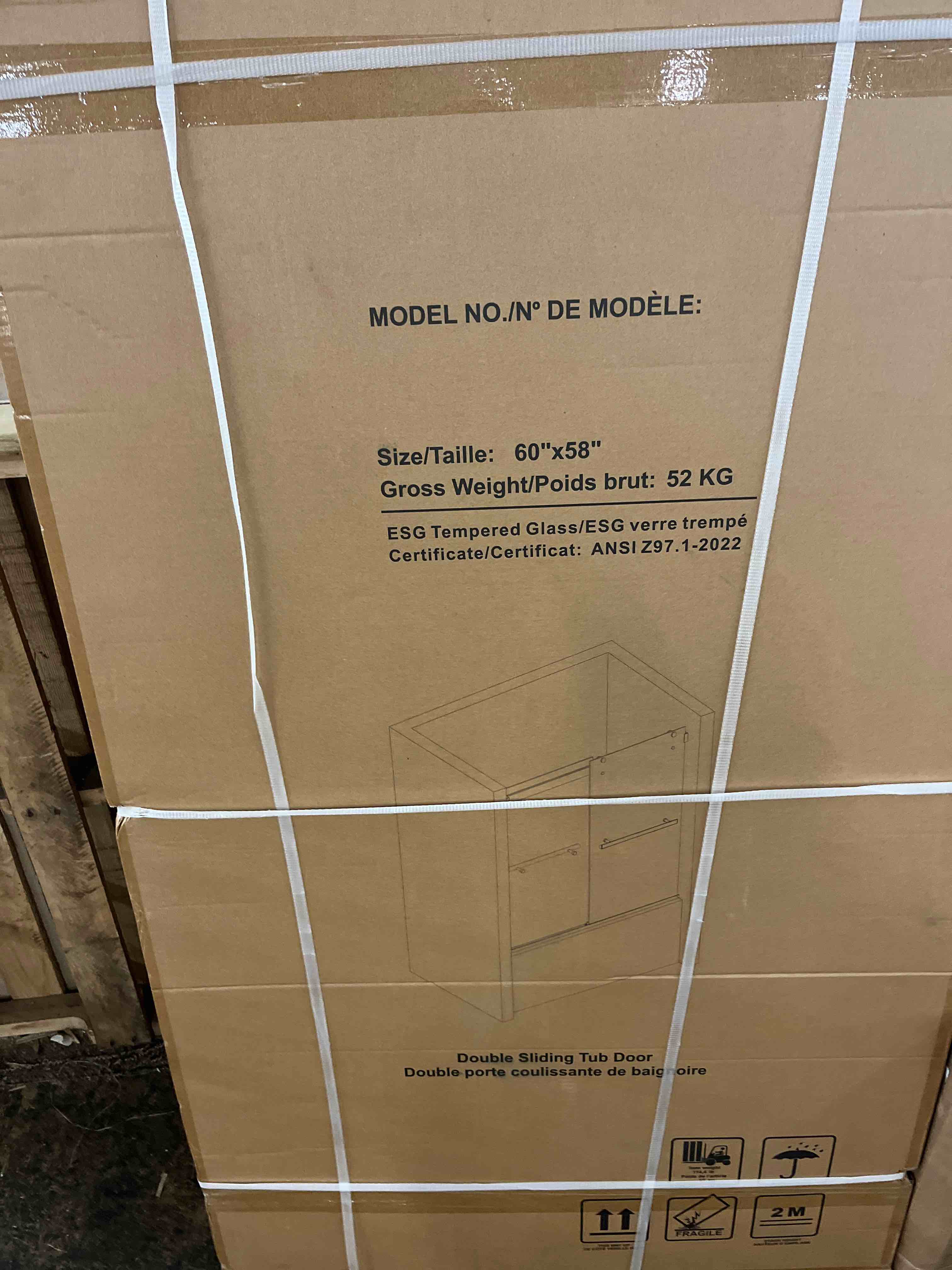 Condition photo showing New/Like New for black tub double sliding shower door 56-60" w x 60" h, double sliding bathtub door, frameless, 5/16" (8mm) tempered glass