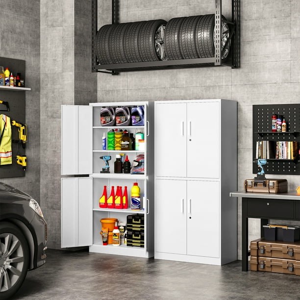 auhup 4 doors garage storage cabinets with 3 adjustable shelves, 71"h locking steel storage cabinet for home office, garage, warehouse, workshop (white)