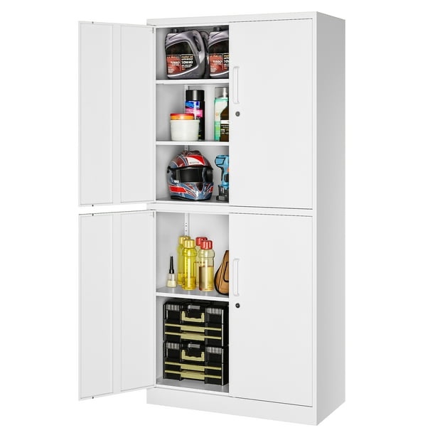 Condition photo showing New/Like New for auhup 4 doors garage storage cabinets with 3 adjustable shelves, 71"h locking steel storage cabinet for home office, garage, warehouse, workshop (white)
