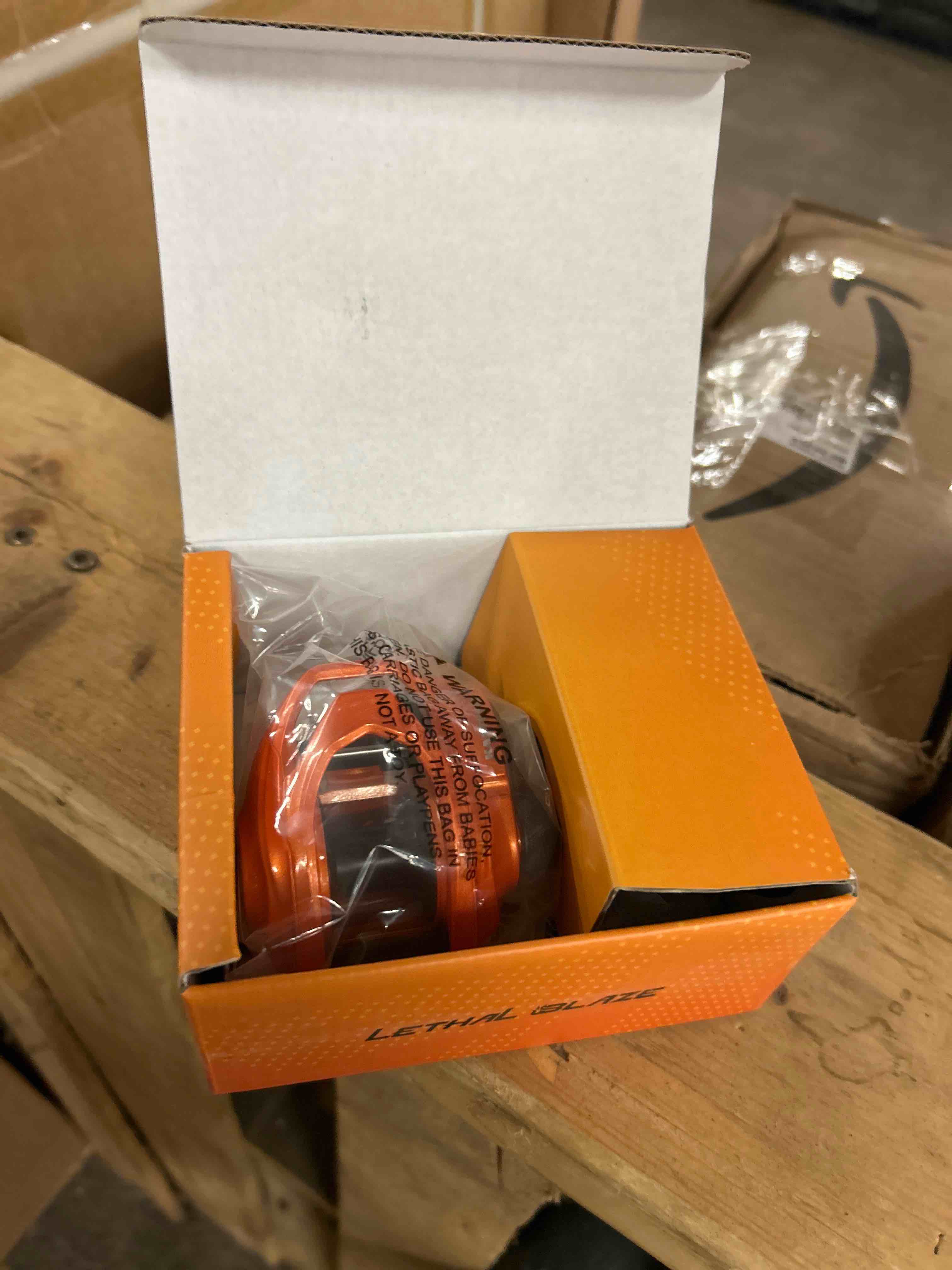 Condition photo showing New/Like New for (2 items, box and cylinder) kastking lethal blaze twin-tip fishing rod and reel combo, spinning & baitcaster combo, flame pattern design, im6 graphite 2pc rod with backup tip section, stainless-steel guides, eva handle
