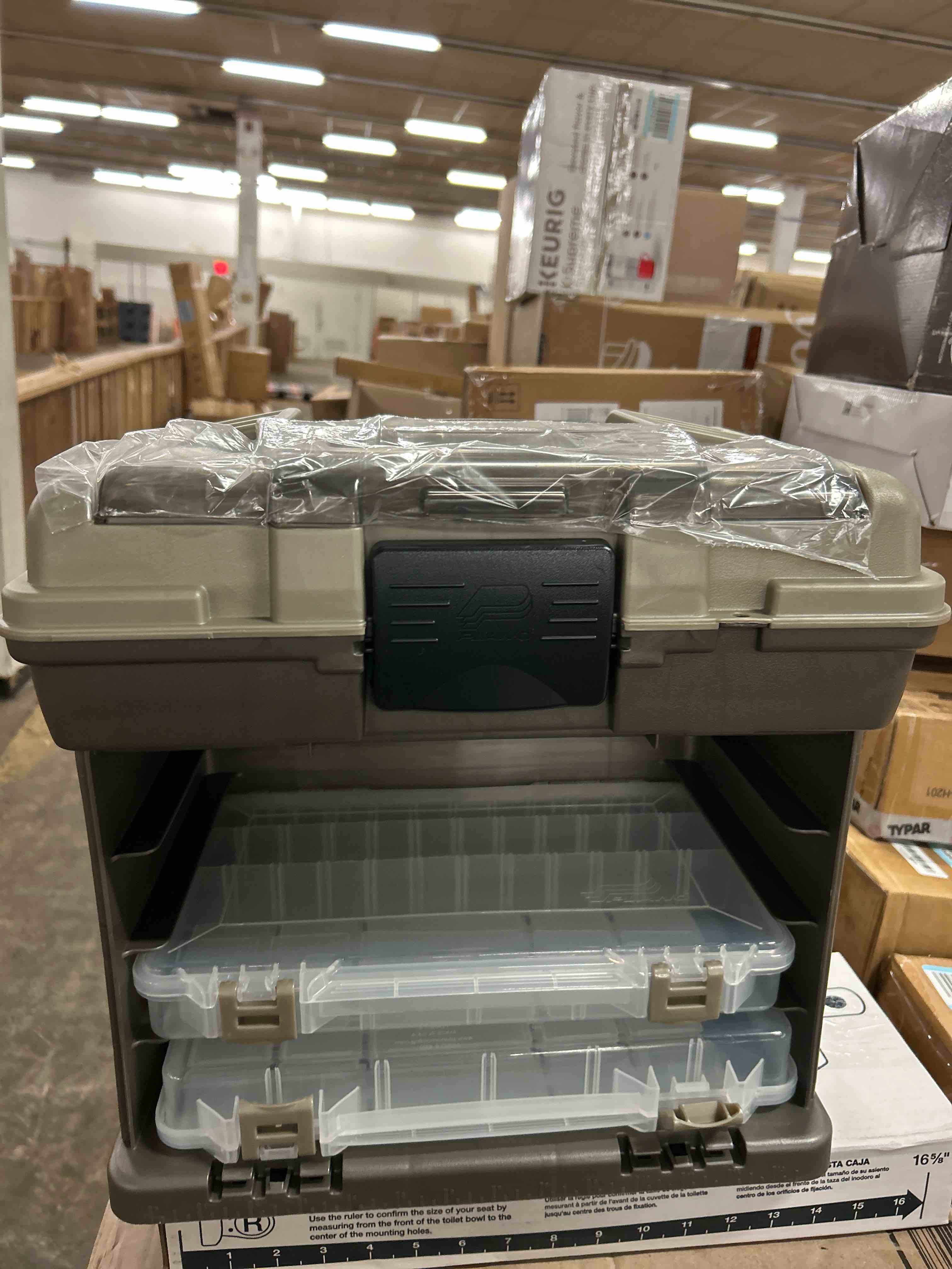 Condition photo showing Good Condition for (missing 2 cases) plano guide series stowaway 4-by rack system tackle box, holds 4 3700 utility tackle boxes, quick-access top storage with duraview lid, durable construction, flexible, adaptable fishing box