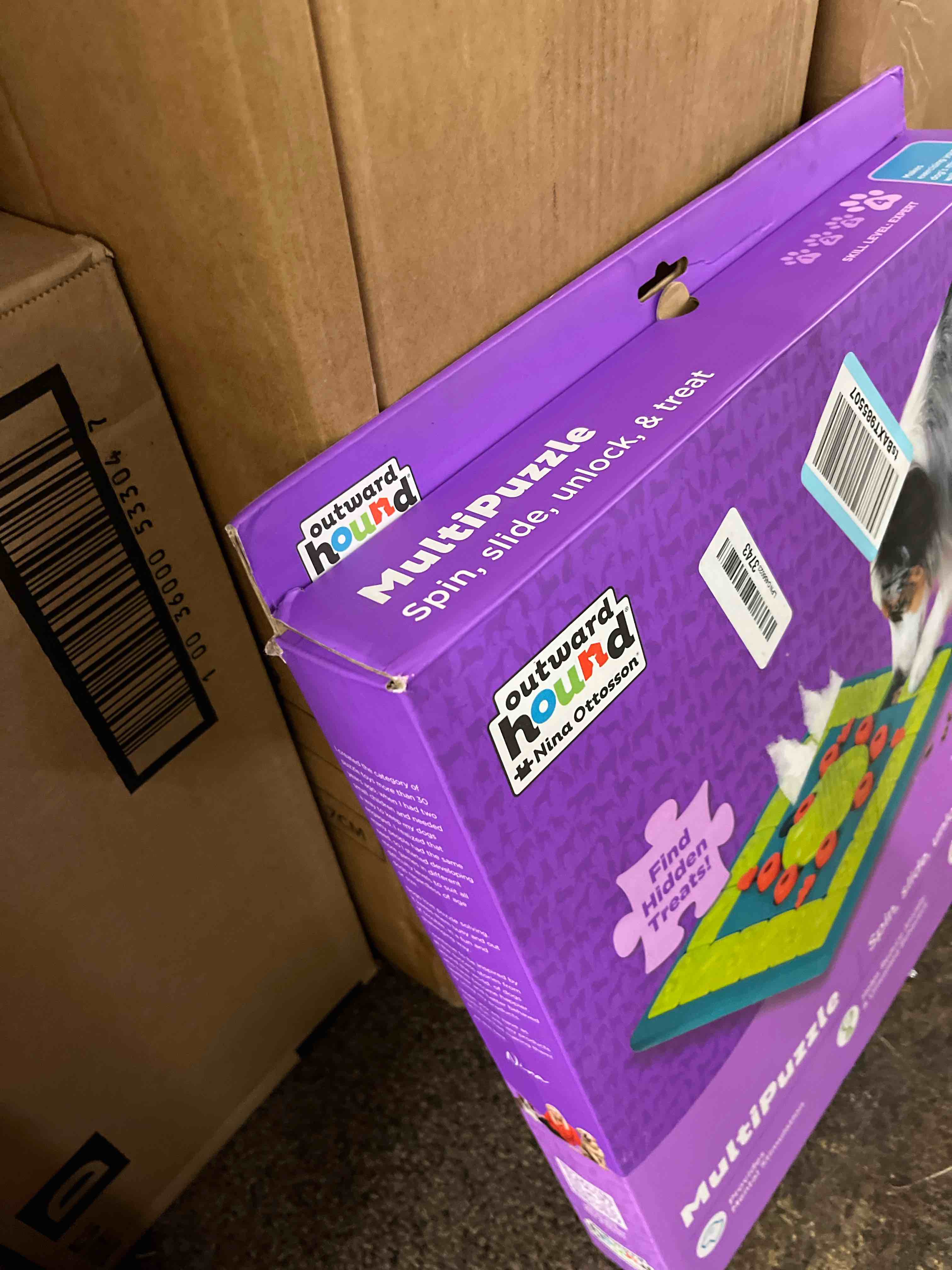 Condition photo showing New/Like New for outward hound by nina ottosson multipuzzle level 4 expert dog treat puzzle for enrichment, blue