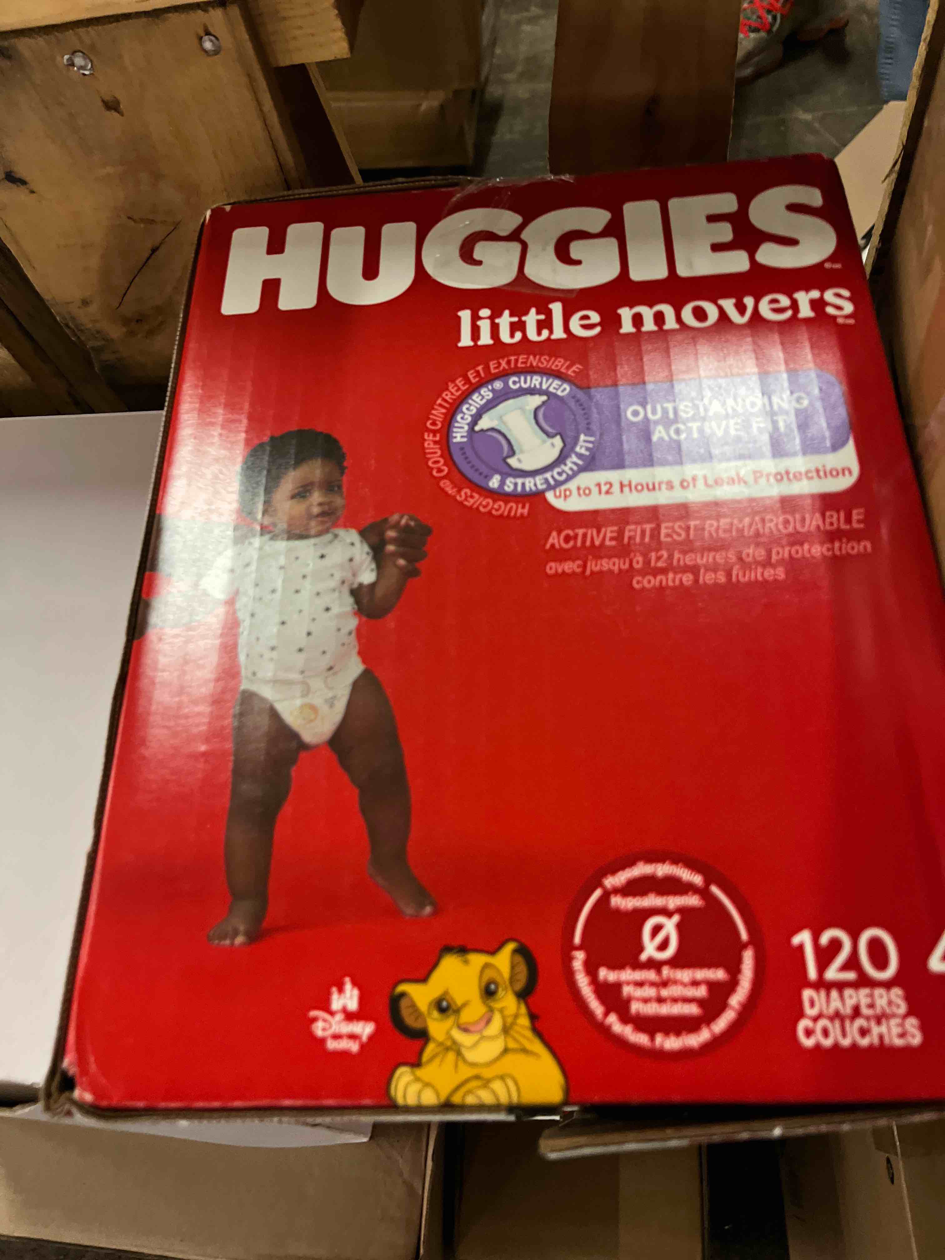 Condition photo showing New/Like New for huggies size 4 diapers, little movers baby diapers, size 4 (22-37 lbs), 120 count, packaging may vary