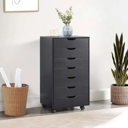 Condition photo showing New/Like New for devaise 7-drawer chest, wood storage dresser cabinet with wheels, black