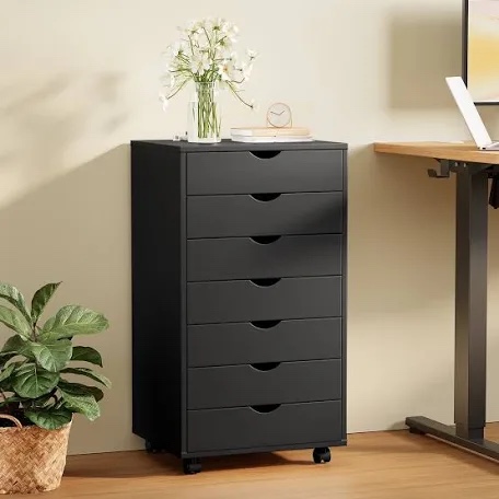 devaise 7-drawer chest, wood storage dresser cabinet with wheels, black