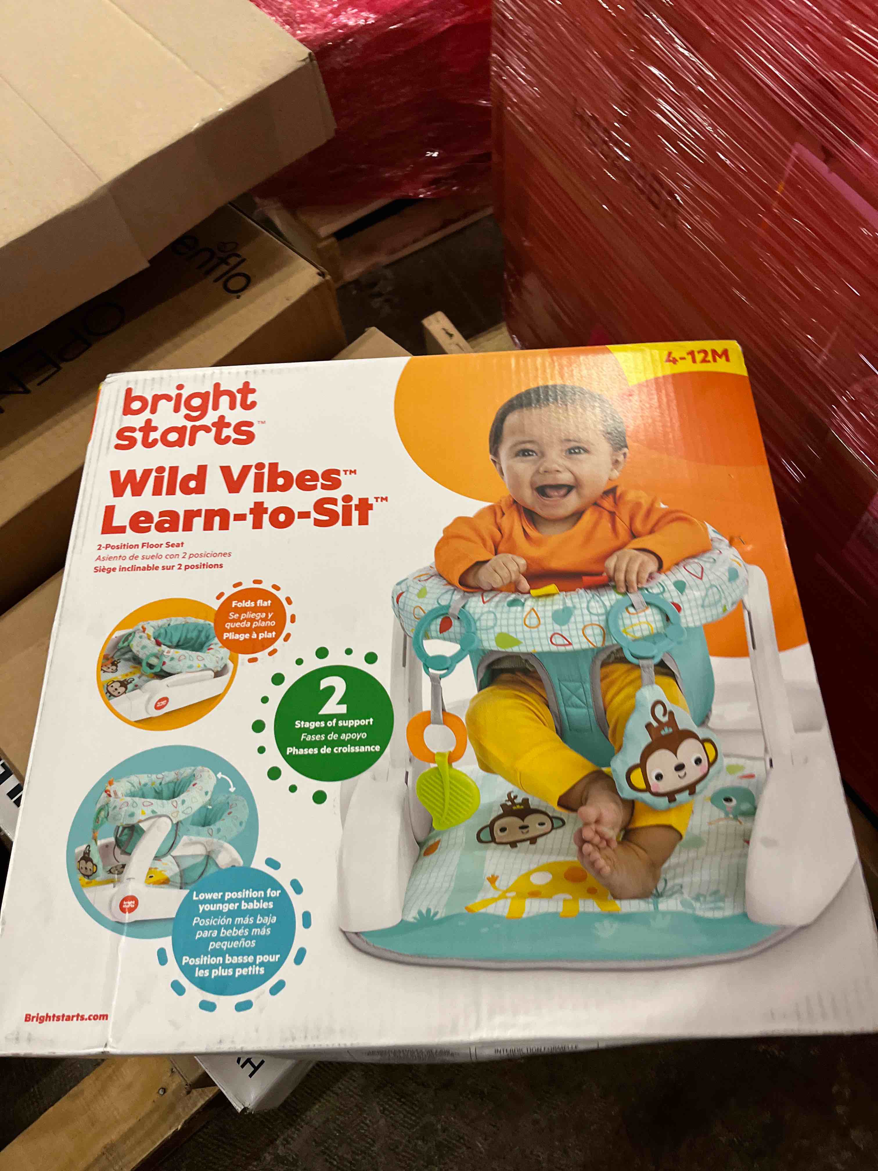 Condition photo showing New/Like New for bright starts learn-to-sit baby floor seat, 2-positions grow with infant, portable baby chair, includes sensory toys, unisex, 4-12 months, playful paradise