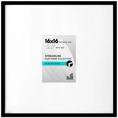Americanflat 16x16 inches Picture Frame with Polished Plexiglass - Use as 5x7 Frame with Mat or 16x16 Frame Without Mat - Streamline Collection - Thin Picture Frame for Wall Display - Black