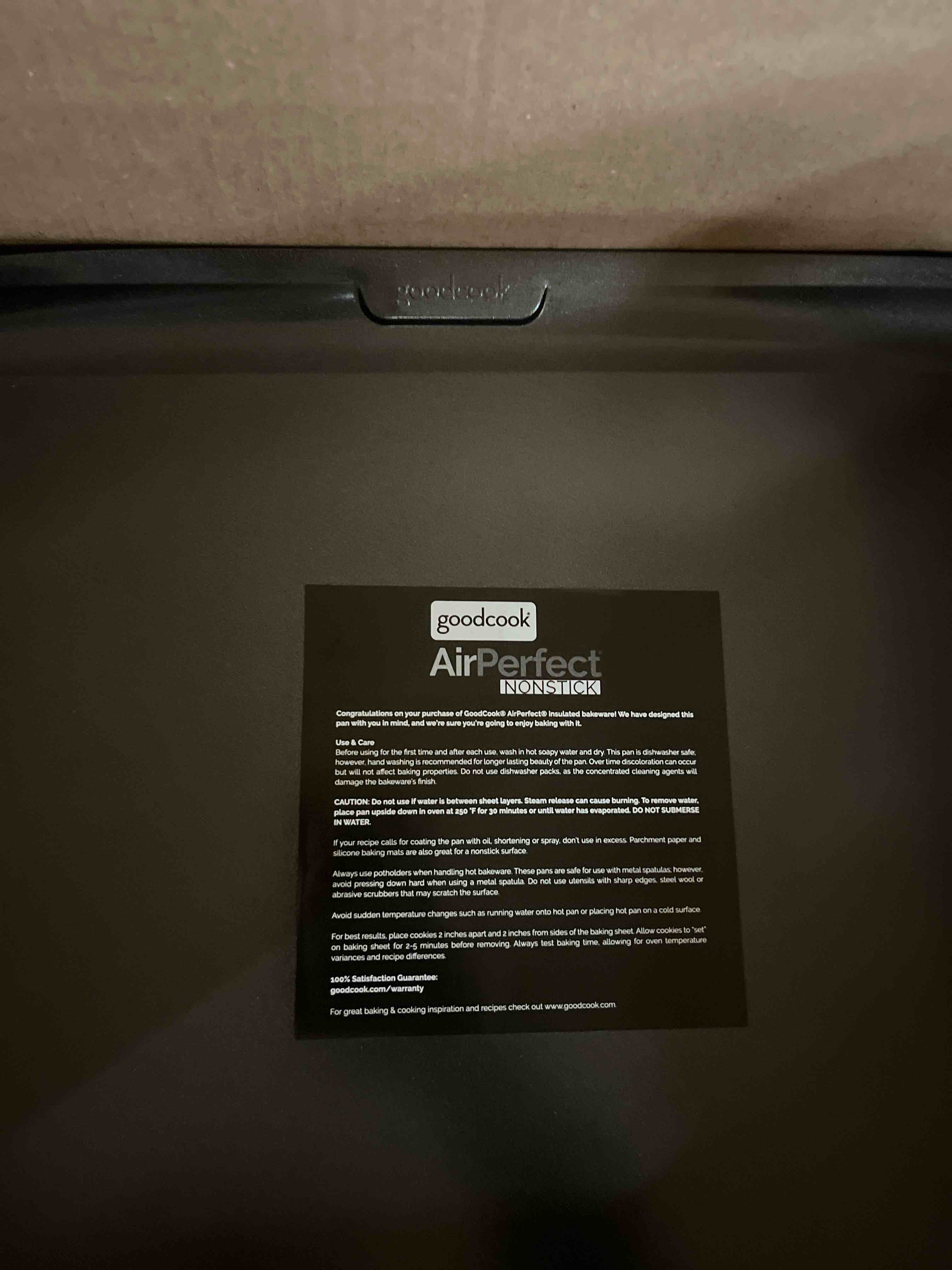 Condition photo showing New/Like New for goodcook airperfect insulated cookie sheets set of 2 nonstick carbon steel construction pans for no-burn baking with ergonomic grip, 16 x 14-inch, gray