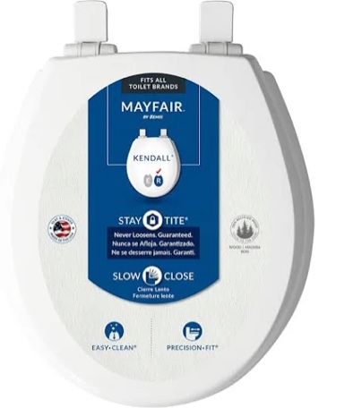 mayfair 847slow 000 kendall slow-close, removable enameled wood toilet seat that will never loosen, 1 pack - round - premium hinge, white 