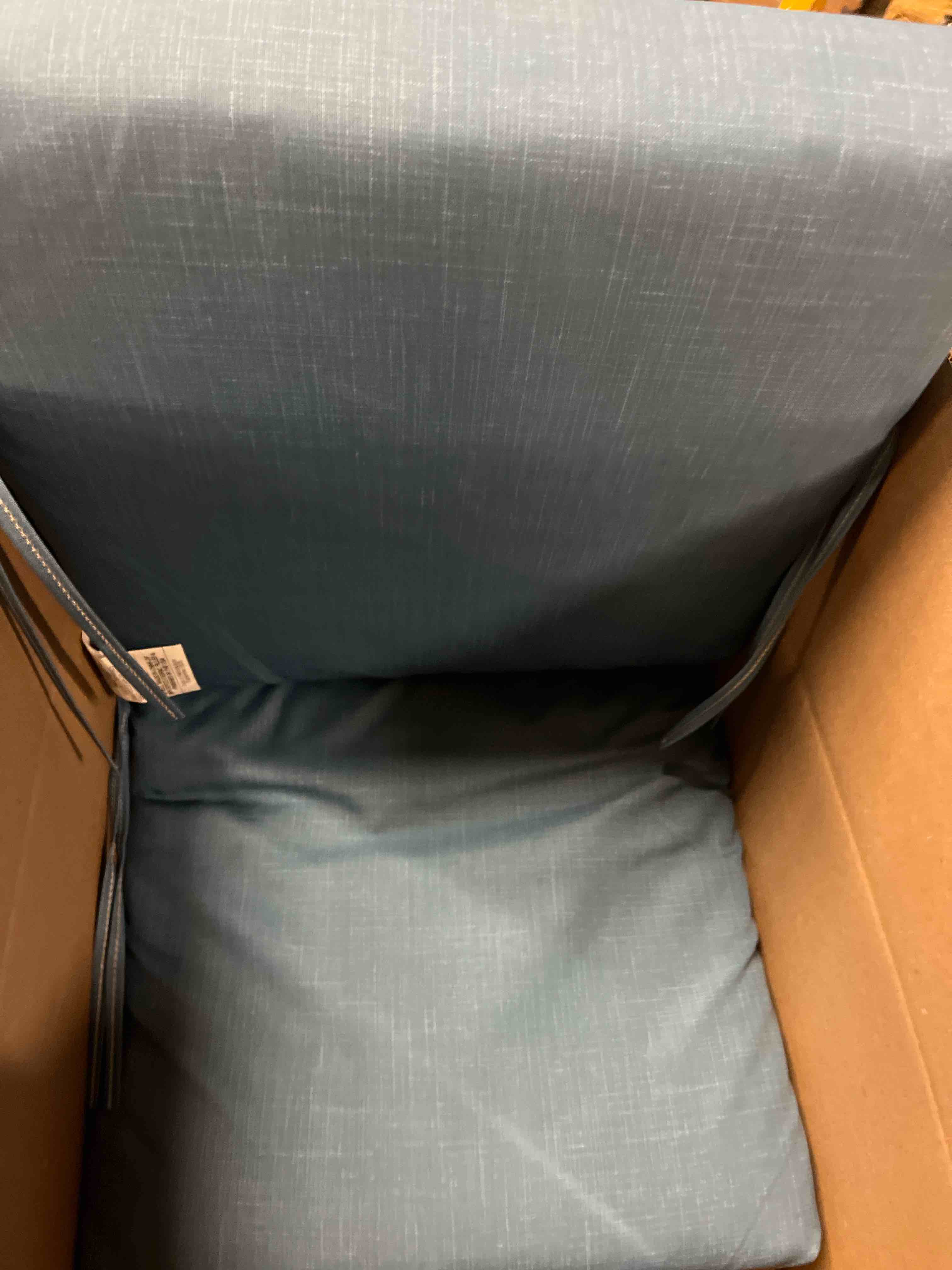 Condition photo showing Good Condition for arden outdoor patio dining chair cushion, 20x44, rain-proof seat pad, fade-resistant outdoor cushion french blue texture